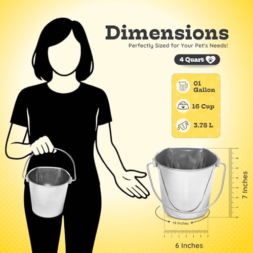 4 quart Stainless Steel Flat Side Bucket | 1 gal Durable Heavy Duty Food & Water Feeding Pails for Birds Dogs Cats Goat | Fits kennels Cages Critter Crates Hanging Pet Pail | Multipurpose - size: 4 Quarts