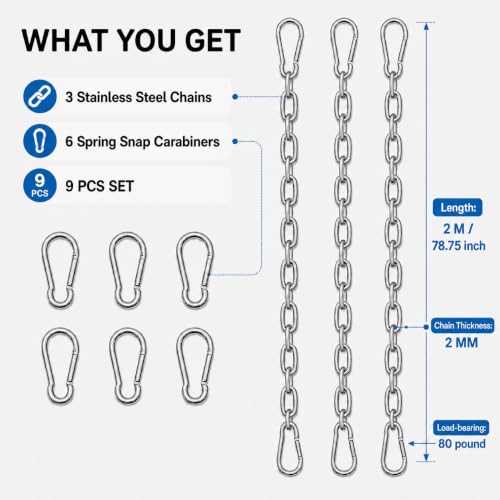 3 Pack 304 Stainless Steel Chains with 6 M4 Carabiners, 2mm x 2m (6.56ft) | Metal Chain Link Set, Small Chain for Hanging Bird Feeders, Planters, Camping, DIY, Anchor Chain, Silver - size: 2m-3pcs-2mm