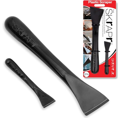 Plastic Scraper Tool, 2 Pack, Non-Scratch, 1.7 Inch Wide Blade | Long Ergonomic Handle, Heat Resistant (460F), Dishwasher Safe - Clean Ovens, Countertops, Hard Floors, Walls, and Windows