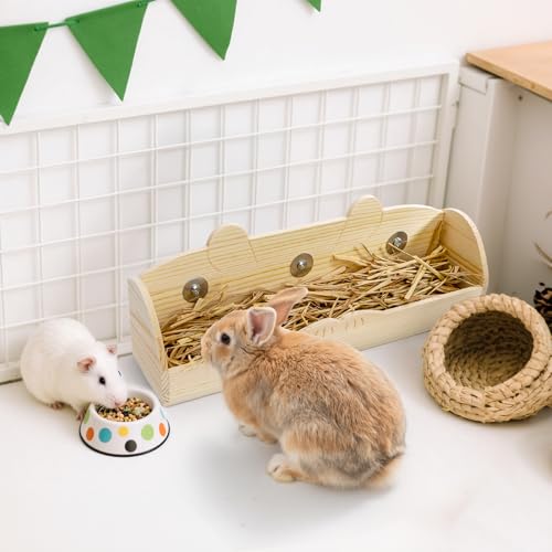 Rabbit Hay Feeder, Wooden Bunny Food Feeding Manger, Rabbit Hay Holder Less Wasted Food Dispenser for Guinea Pig, Chinchilla, Hamster