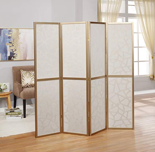 Roundhill Furniture Giyano 4 Panel Screen Room Divider, White Screen with Gold Frame - color: White Screen/Gold Frame