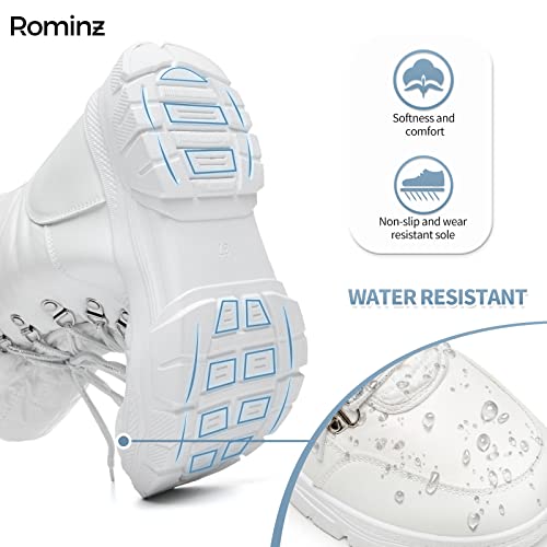 Rominz Womens Winter Snow Boots Outdoor Mid Calf Ankle Booties | Water Resistant, with Zipper, Warm Fur Lined, Anti Slip Sole - color: White, size: 10