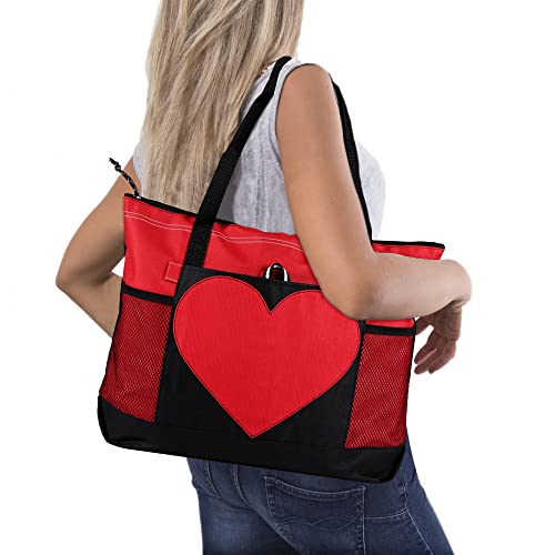 Tote Bag Large Size Shoulder Bag with Zipper, Lightweight Casual Travel Luggage Bag with Two Mesh Pockets for Women - color: Red