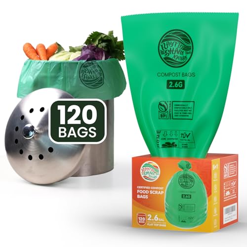 RAYTID Compostable trash Bags 2.6 Gallon Compost Bags for Kitchen Countertop Bin 1.3,2,3, Gallon, 120 Count,Small Kitchen Food Scrap Waste Bags,ASTM D6400, US BPI & Europe OK Compost Home Certified - color: 2.6G-120count