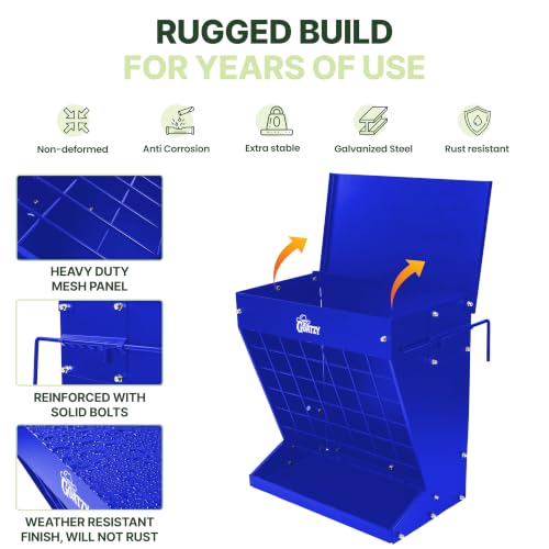 Wall Mount Hay Rack And Hay Feeder For Goats Sheep And Horses, Covered Galvanized Steel Goat Hay Feeder With Hinged Roof, 25 Gallon 2-In-1 No Waste Hanging Holder Grain Bin with hook For Cattle - color: Blue