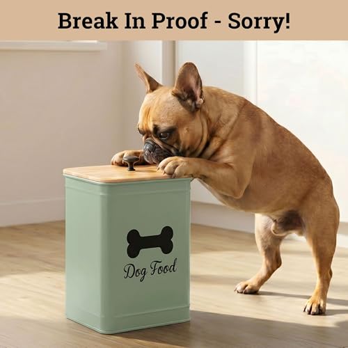 Metal Dog Food Container 5-7lb, 25 Cup w/ Airtight Bamboo Lid, Metal Handle | Pet Jar For Dogs up to 50lbs, Airtight Bamboo Lid, Sturdy Comfortable Metal Handle, Powder Coated Iron, Kibble Storage Bin - color: Sage Green: Bone