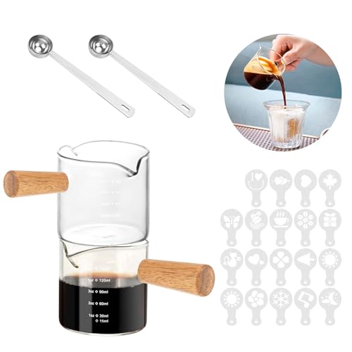 Espresso Shot Glass, 5OZ/150ML Dual Scale Measuring Cup with Wooden Handle, Heat Resistant Espresso Cappuccino Shot Cups with Double V-Shaped Spouts for Coffee Milk Tea Bar Serving
