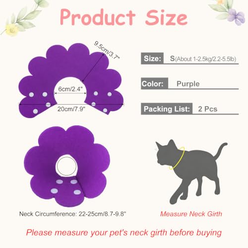 Felt Cat Recovery Collar, Cute Flower Cat Recovery Collar Adjustable Recovery Cones (2Pcs, S 6.3-7.5inch, Purple) for Small Dogs Kittens Cats - color: Purple, size: S（1-2.5 KG/2.2-5.5 lb）