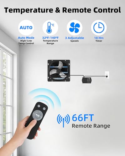 Upgraded 12" Shutter Exhaust Fan with Thermostat & Remote,980 CFM | Wall Mounted Attic Vent Fan with Thermostat, Quiet Cooling Ventilation for Garage, Greenhouse, Chicken Coop - size: 12 Inch