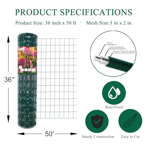Green PVC Coated Welded Wire Fence 36" x 50' Roll, 2"x3" Mesh, 16 Gauge | Vinyl Coated Garden Fencing, Yard & Pet Barrier, Chicken Wire Fencing, Dog Enclosure Mesh, Vegetable Plant Protector - color: Green, size: 2''x3'' 16GA 36''x50'