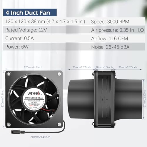 120mm x 38mm 4 Inch Duct Booster Small 12V Exhaust Fan with AC Variable Controller for DIY Paint/Dryer/Smoker/Growtent/3D Laser/Solder Fume Extractor-D1238 - size: 12038