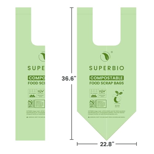 SUPERBIO 13 Gallon Handle Tie Compostable Food Waste Bags, 30 Count, 2 Pack | Food Scrap Bags with Handles, ASTM D6400, BPI and OK compost HOME - color: 13 Gallon Handle Tie, 60 Count (2 Pack)