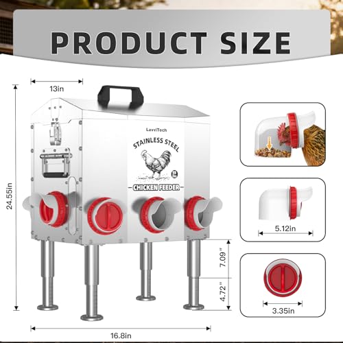 Large Automatic Chicken Feeder, 55 lb Capacity, 8 Feeding Ports, Upgraded Stainless Steel Poultry Feeder, No-Waste Design, Adjustable Legs & Lockable Lid for Coop, Ducks & Turkeys