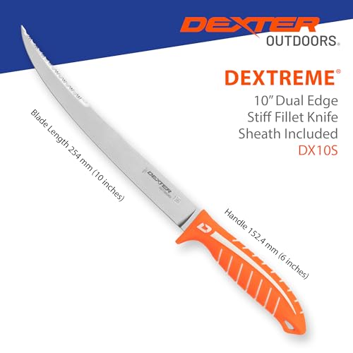 Dexter Outdoors Dextreme Dual Edge 10" Stiff Fillet Knife with Sheath | Stiff dual edge high-carbon stainless blade for large fish and heavy cuts. Protective sheath included for safe transport. - style: 10" Dual Edge Stiff