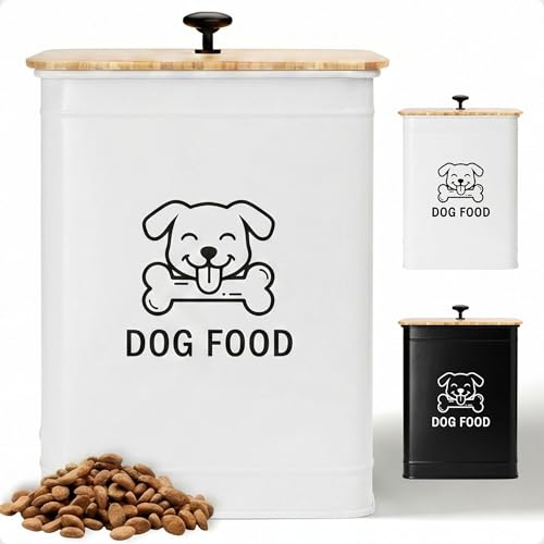 Metal Dog Food Container 5-7lb, 25 Cup w/ Airtight Bamboo Lid, Metal Handle | Pet Jar For Dogs up to 50lbs, Airtight Bamboo Lid, Sturdy Comfortable Metal Handle, Powder Coated Iron, Kibble Storage Bin - color: White: Dog Face