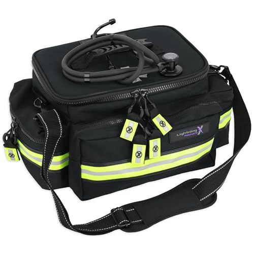 Lightning X Mid-Sized First Responder EMT Bag | LXMB25 | Fully Stocked w/ 248+ First Aid Supplies + Trauma Pak w/C.A.T. Tourniquet & QuikClot - Black - color: Black