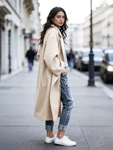 Women's Winter Wool Coat Notch Lapel Single Breasted Casual Mid Long Pea Trench Coat - color: Beige, size: Medium