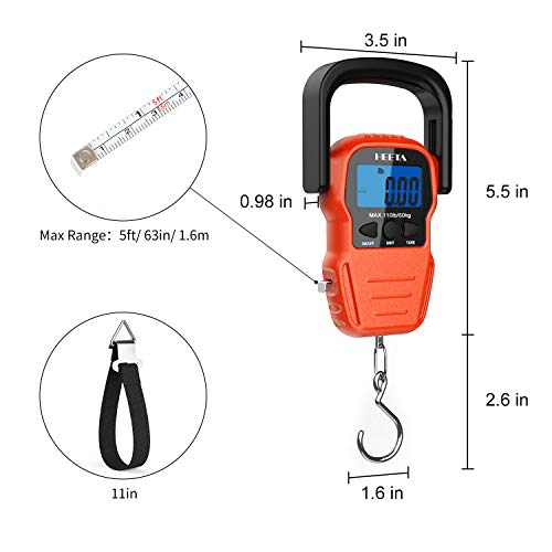 HEETA Fish Scale Digital Fishing Luggage Weight Scale with Measuring Tape | Up 110lb/50kg Portable Hanging Scale with Backlit LCD Display for Home Farm Outdoor Hunting Fishing, 2 AAA Batteries Included - color: Orange