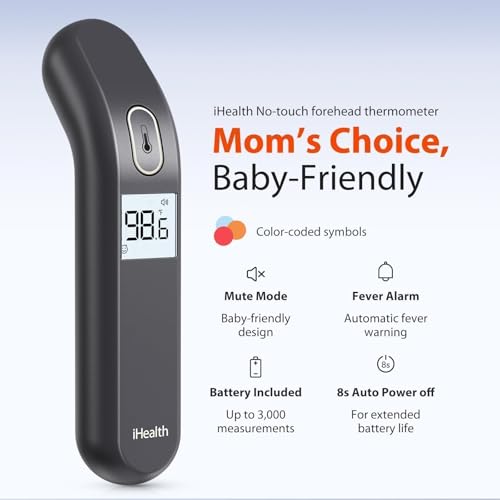 iHealth Touchless Thermometer for Adults and Kids, Color-Coded Alert & Silent Mode, 1-Second Accurate Fever Check, Portable for Home, Travel Use - PT2L Black