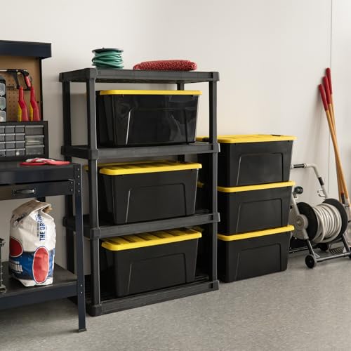 IRIS USA 6-Pack 72 Quart Storage Bins with Lids, Black/Yellow | Black finish conceals stored items. Perfect for moving, blankets, clothing, and garage storage. Nestable design saves space - size: 72 Qt, style: 6 Pack