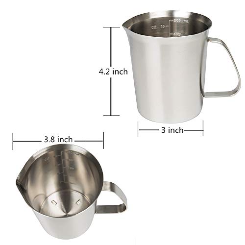 Stainless Steel Measuring Cup (16 Ounce/ 0.5 Liter- 2 Cup), Milk Frothing Pitcher, Steaming Pitcher, Milk Frothing Cup Jug with Marking with Handle for Espresso Machines, Latte Art - size: 16 OZ (500ML)