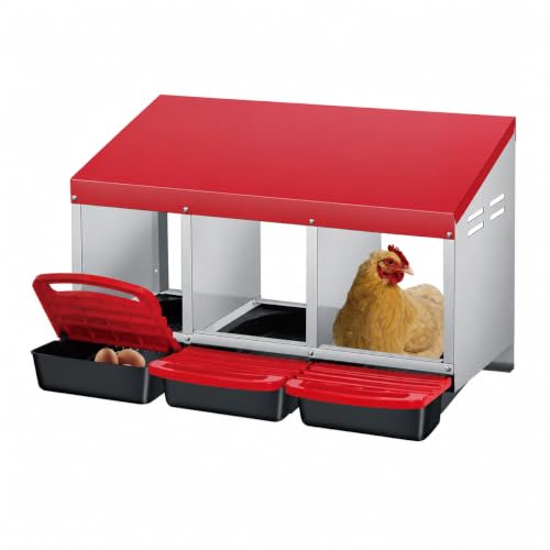 Galvanized Steel Chicken Nesting Box 3 Compartment with Pull Out Tray, Roll Away Nest Boxes for Laying Hens Egg Collection, Wall Mount Poultry Nest Box for Coop with Handle, Red - color: Red, size: 3 Compartments