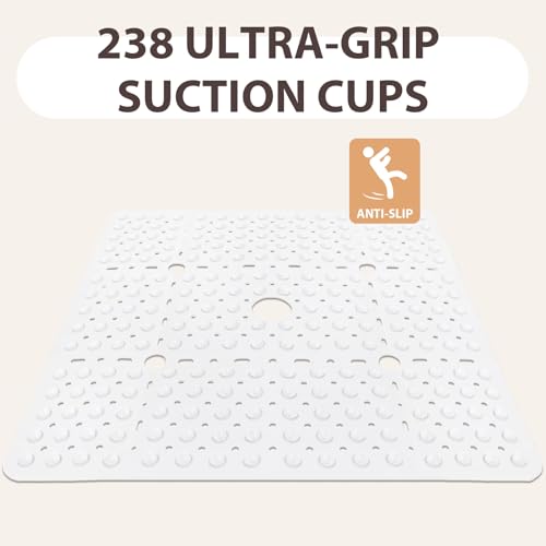 ZOESOE Square Shower Mat Non Slip: 27 x 27 Inches Large Shower Mats for Inside Shower, Soft TPE Shower Floor Mat with Suction Cups and Drain Holes, Machine Washable - color: White