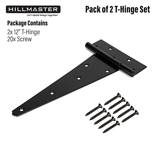 HILLMASTER 12 Inch T-Strap Heavy Duty Shed Door Hinges Gate Strap Hinges Black Tee Hinge Wrought Hardware for Wooden Fences,Yard,Barn Door,Rustproof (2 Pack) - size: 12in 2 Pack