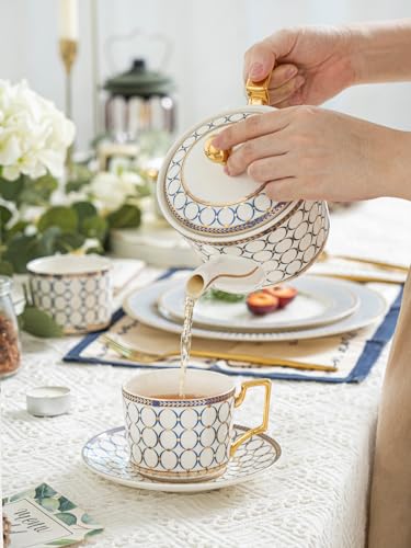 7 Oz Bone China Blue Tea Cup and Saucer Service for 4, Afternoon Porcelain Tea Set with Teapot, Tea Sets For Women Tea Party. - color: White Gold B