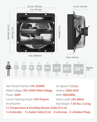 VEVOR 10 inch Exhaust Fan, Wall Mounted Attic Fan with Variable Speed, Temperature & Humidity Controller, 1000 CFM, Automatic Shutter | 1000 CFM Wall Mounted Attic Fan Automatic Shutter, EC Motor & Timer, Ventilation Cooling for Garage, Greenhouse, Shed,