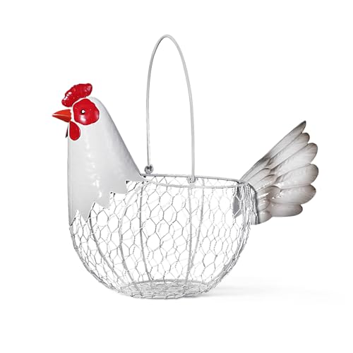 Farmhouse Metal Chicken Wire Egg Basket,Eggs Holder Bowl Kitchen Countertop | Vintage Rooster Decorative Chicken Shaped Fruit Basket for Living Room Home Farm Decor - color: Rustic White
