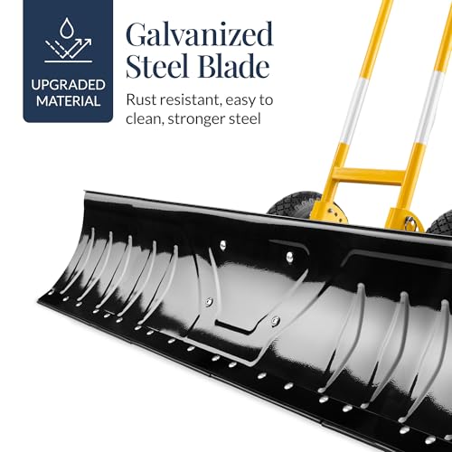 Best Choice Products 48in Heavy-Duty 2-Wheel Snow Pusher Hand Plow for Snow Removal w/Wheels, Adjustable Handle, Blade Angle - Yellow - color: Yellow, size: XL 48in w/Wheels