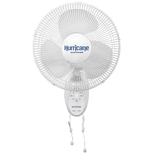 Hurricane Supreme 90-Degree Oscillating Wall Fan, 3 Speeds, White - 12in | Quiet Operation - Wall Mount Corded Electric Air Cooling Unit with Adjustable Tilt & Pull Cords for Home, Garage & Workshop - style: 12" Supreme
