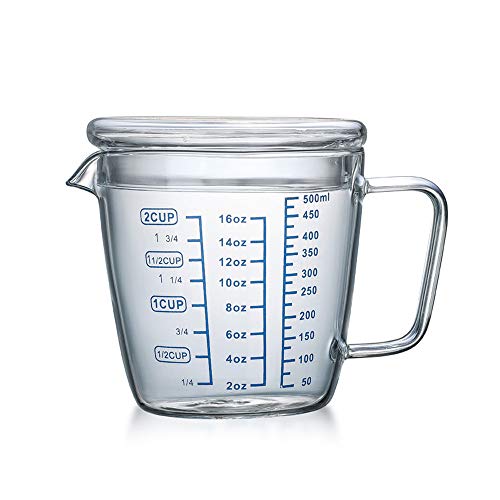 Glass Measuring Cup with Lid Handle, Borosilicate V-Shaped Spout Microwave Safe Kitchen Mixing Accessories 3 Measurement Scales Cup, ML, OZ Easy Measure Liquid Powder Milk Cups for Cooking Baking - color: 500 ml