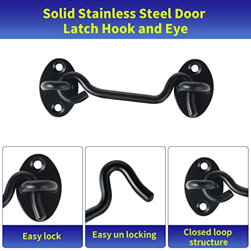4" Hook and Eye Latch 6-Pack, Heavy Duty Solid Stainless Steel Cabin Privacy Hooks Latch with Mounting Screws for Barn Doors, Bathrooms, Sliding Doors, Sheds, Blinds, Bedrooms. (Black)