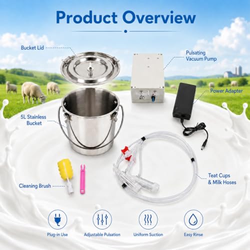 Plug-in 5L Goat Milking Machine Adjustable Pulsating Vacuum Pump | with 304 Stainless Steel Milk Bucket, Adjustable Pulsation Frequency, Portable Compact Overall Design