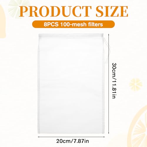8 PCS Nut Milk Bag Reusable Nylon Cheese Cloth Bag for Straining 30 * 20cm Fine Mesh Strainer Bags Juicing Bags with Drawstring for Filtering Nut Milk Cold Brew Coffee Greek Yogurt Tea Juice