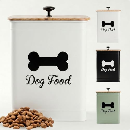 Metal Dog Food Container 5-7lb, 25 Cup w/ Airtight Bamboo Lid, Metal Handle | Pet Jar For Dogs up to 50lbs, Airtight Bamboo Lid, Sturdy Comfortable Metal Handle, Powder Coated Iron, Kibble Storage Bin - color: White: Bone