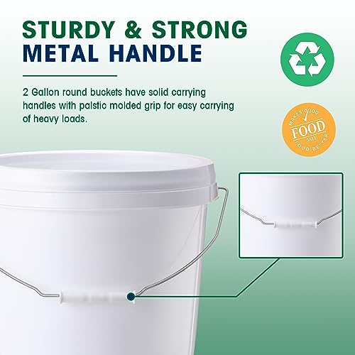 Tioncy 24 Pcs 2 Gallon Plastic Buckets with Lids and Handles,White | Storage Pails for Paint, Cleaning, Organizing, Durable Containers, Metal Handles, Plastic Material - color: White