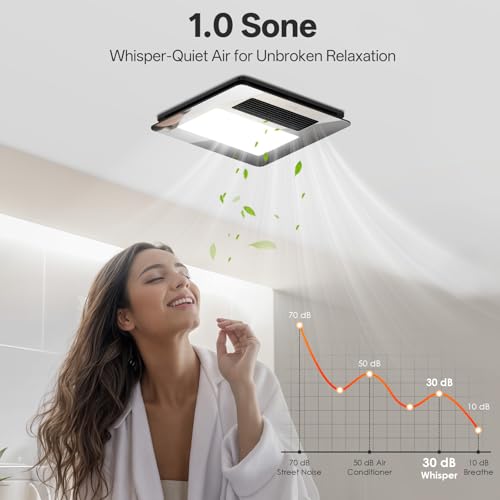 Hawkrown 4-in-1 Bathroom Exhaust Fan with Light and Heater, Mirror Black Exhaust Fan, 3CCT Lighting, Strong and Weak Heating, Quiet & Powerful for Ventilation, Remote Control - color: Mirror Black
