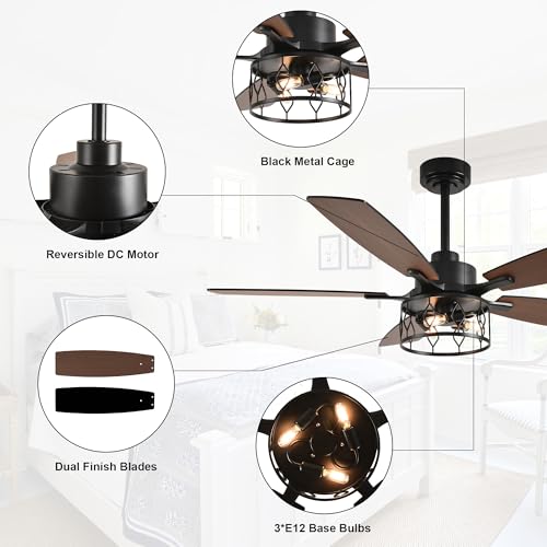52" Farmhouse Ceiling Fan with Lights Remote Rustic Ceiling Fan | Caged Black Fandelier Industrial Chandelier Light for Bedroom Living Room, Reversible 6 Speeds, 3 E12 Bulbs (Not Included) - color: Black, size: 52 Inch