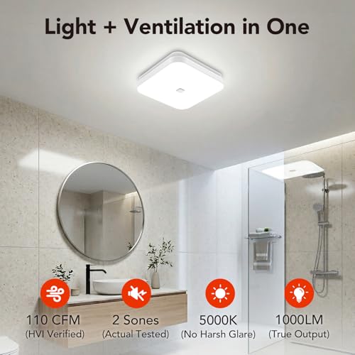 OREiN 2-in-1 Bathroom Exhaust Fan with Light, 110 CFM, ENERGY STAR | 1000LM, 5000K Daylight, Quiet 2.0 Sones, No Attic Access Required, ETL/HVI Certified, 7.36x7.68in Cutout, 4-to-3in Adapter - color: 5000K