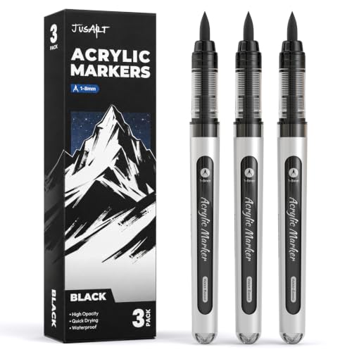 JusArt 3 Black Acrylic Paint Markers Brush Tip, Automatic Ink Control | Water-Based Black Paint Pen, School Classroom Use, Waterproof Acrylic Pens for DIY Art & Crafts -Fabric, Wood, Rock, Metal - color: Black