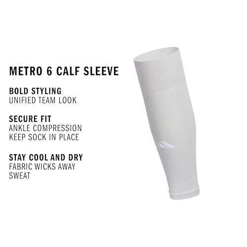 adidas Unisex Metro Soccer Socks or Calf Sleeves (1 Pair) Over-the-Calf | Unisex, 1-Pack, Cushioned Impact Zones, Moisture-Wicking, Calf Compression, Versatile Layering, Game & Practice Ready - color: Team Light Grey/White/Calf Sleeve, size: Medium, style