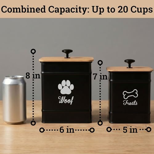 Dog Treat Container Airtight Set of 2 - 8x6 & 7x5 inch Iron Dog Treat Jars for Kitchen Counter with Airtight Bamboo Lids - 20 Cup Capacity Pet Treat Container Set - Doggie Cookie Jar - Treats Canister | Fits All Popular Treats, Up to 20 Cups Combined Capa