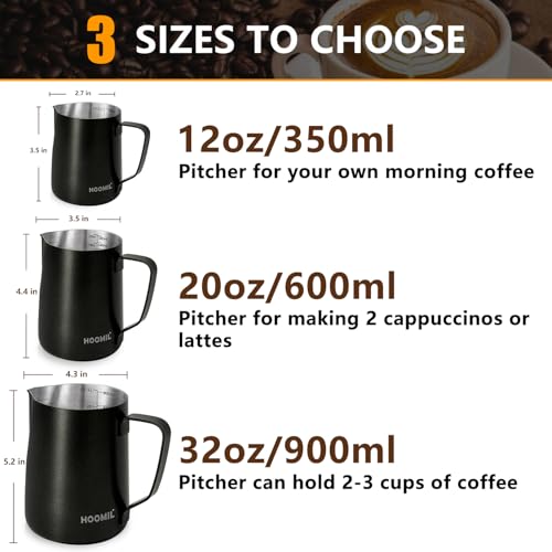 HOOMIL Milk Frothing Pitcher, 12oz/20oz/32oz 304 Stainless Steel | Steaming Pitcher with Clear Scale, Barista Milk Frother Cup Jug for Espresso Machine Coffee Cappuccino Latte Art - 12oz - color: Matte Black, size: 12 Ounces