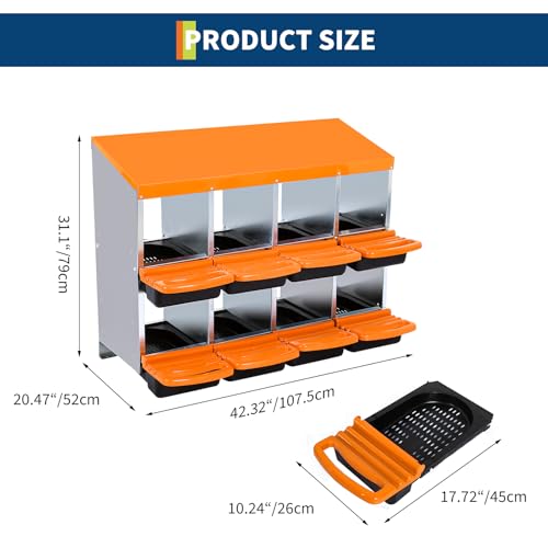 Chicken Nesting Boxes, 8 Compartments Chicken Laying Boxes, Removable Plastic Tray, Easy to Clean, Roll Away Nesting Boxes for Chickens Laying Eggs, Orange