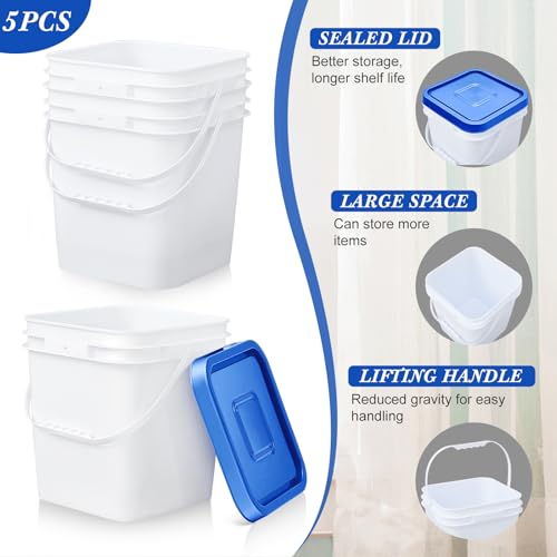 Mumufy 5 Pcs 3.5 Gallon Square Food Grade Bucket with Lid Square Bucket Pail Plastic Handles for Long Term Food Storage, Camping, Fishing, Home Organization Easy Stack and Store (Blue Lid) - color: Blue Lid