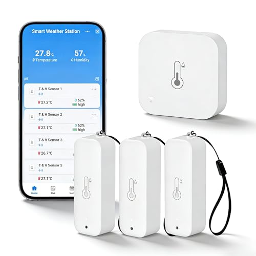 WiFi Hygrometer Thermometer Indoor Outdoor: Smart Temperature and Humidity Sensor with App Notification and Data Storage, 150m Range, Compatible with Alexa, 3 Sensors +1 Base Station - color: 1 Base Station+3 Sensors