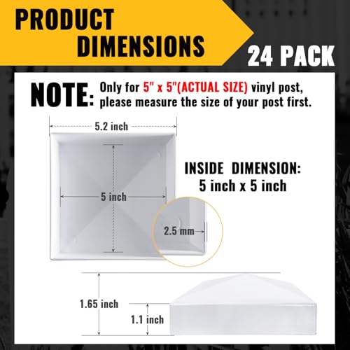 VIVIDA 5 Inch Vinyl Fence Post Caps, White PVC Fence Post Caps, 24 Pack | Actual 5" x 5", Pyramid PVC Post Caps, Waterproof Plastic Deck Top Cover, For Vinyl Fence, Lamp, Deck, Mailbox - size: 5" x 5" (24 PCS)